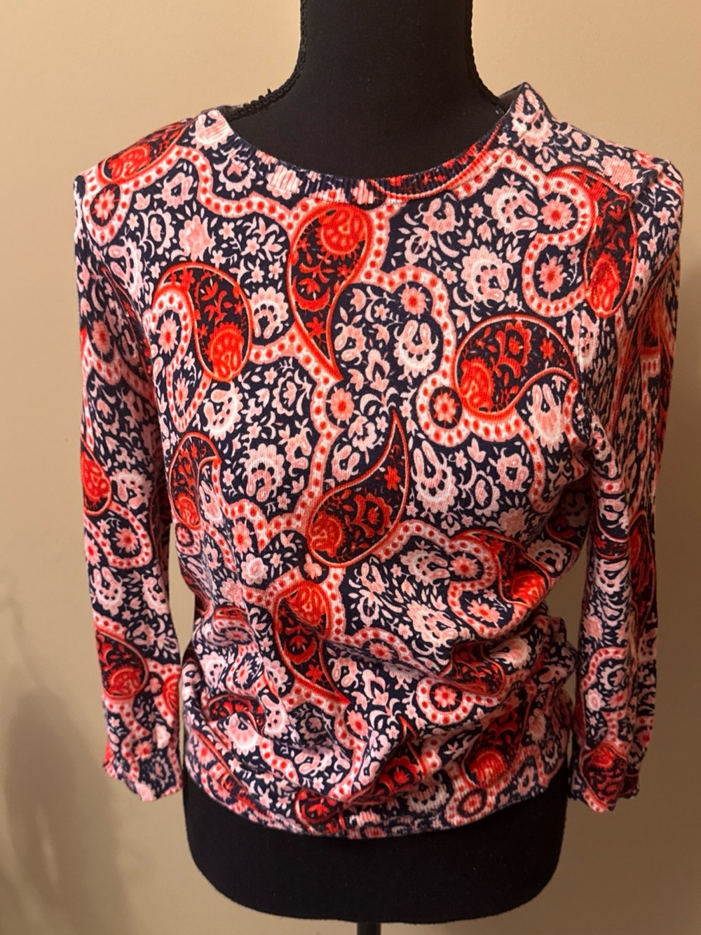 Lands' End Navy, Red & Pink Paisley Crew Neck Sweater